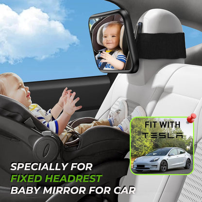 Fixed Headrest Baby Car Mirror Fit Tesla Car Back Seat, Safety Rear Facing Mirror, 100% Shatterproof & Shake-Proof, Wide Clear Rearview with 360° Rotation for Infant Newborn Baby Must Haves Essentials