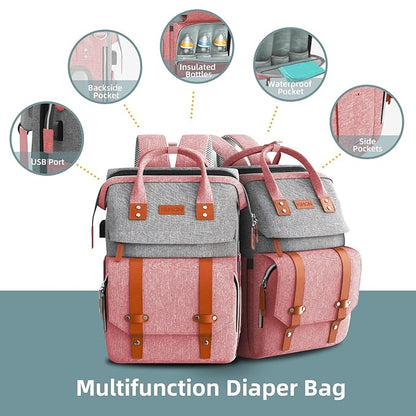 ISMGN Diaper Bag Backpack with Changing Station, Large Diaper Bag, Baby Bag with Changing Station, Pink Diaper Bag, Pinkgray