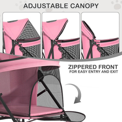 MoNiBloom 4 Wheels Pet Stroller, Easy-Fold Puppy Cage Jogger Stroller with Sun Cover, Pad and Rear Storage Bag, Breathable and Visible Mesh for Small/Medium Pets up to 22 lbs, Black