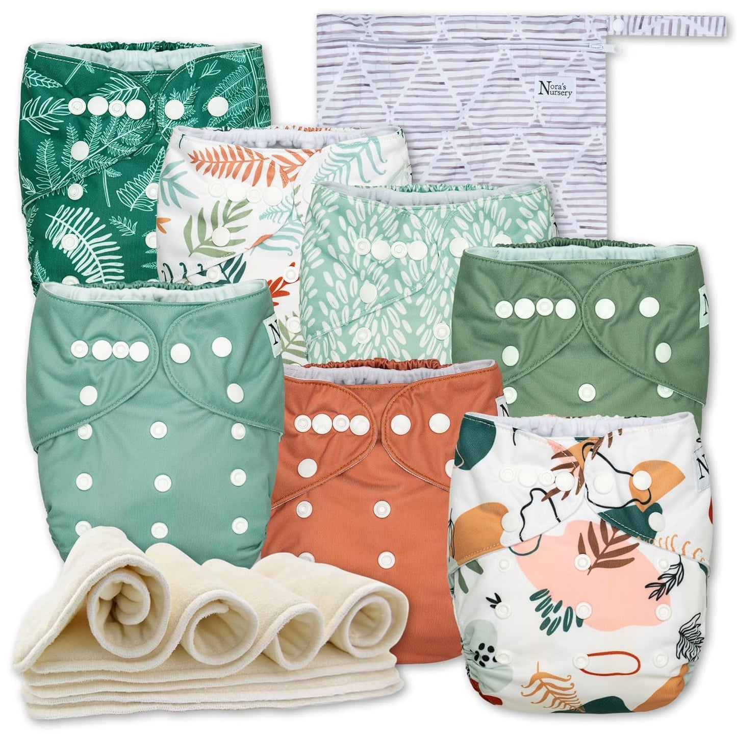 Nora's Nursery Cloth Diapers 7 Pack with 7 Inserts & 1 Wet Bag - Waterproof Cover, Washable, Reusable & One Size Adjustable Pocket Diapers for Newborns and Toddlers - Cali Coastal