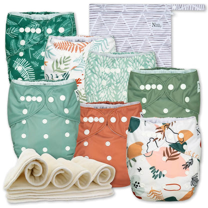 Nora's Nursery Cloth Diapers 7 Pack with 7 Inserts & 1 Wet Bag - Waterproof Cover, Washable, Reusable & One Size Adjustable Pocket Diapers for Newborns and Toddlers - Cali Coastal