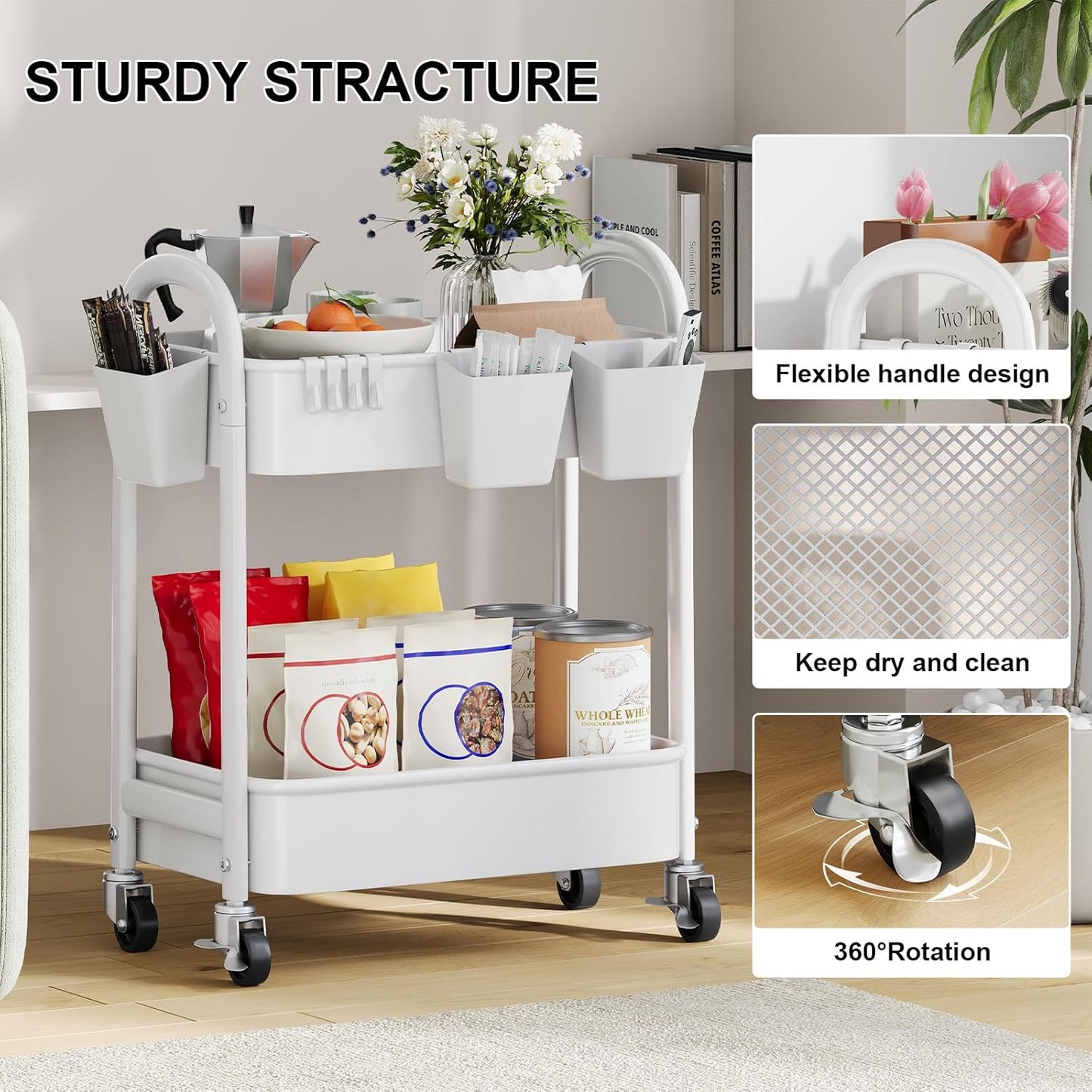 3 Tier Heavy Duty White Metal Rolling Cart with Lockable Wheels, Three Tier Roller Book Snack Cart, Utility Storage Organizer Carts for Kitchen, Bathroom, Garage, Baby Diaper, Craft, Art, Teacher