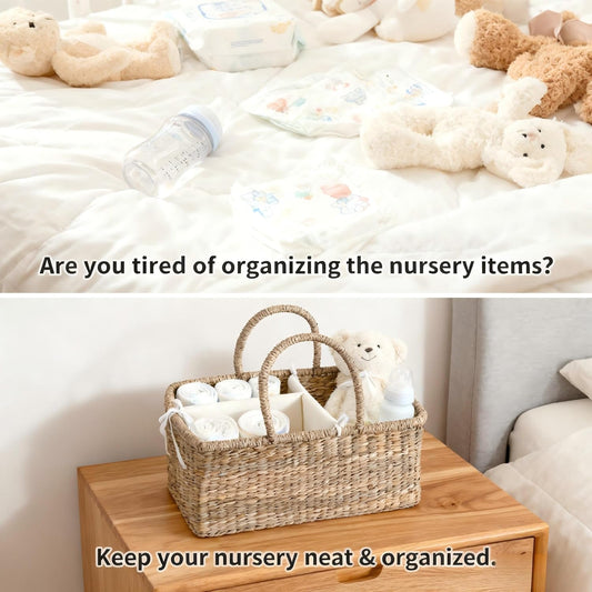 Premium Wicker Baby Diaper Caddy Organizer, Woven Seagrass Basket with Handles, Diaper Basket with Dividers (Seagrass)