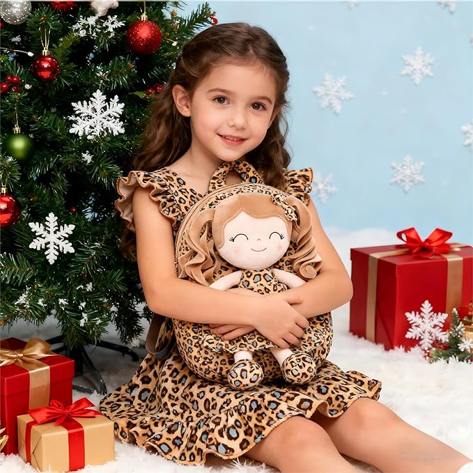 Gloveleya Toddler Backpack Baby Girl Gifts Curly Hair Plush Figures Dress Backpack Kids Backpack Curly Hair Spring Girl - White Leopard 9inches