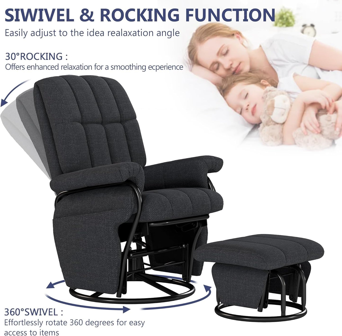 AODAILIHB 360° Swivel Glider Recliner with Ottoman, Nursing Glider Rocking Chair with Foot Rest & 2 Side Pockets for Nursery, Living Room, Bedroom, Office, White