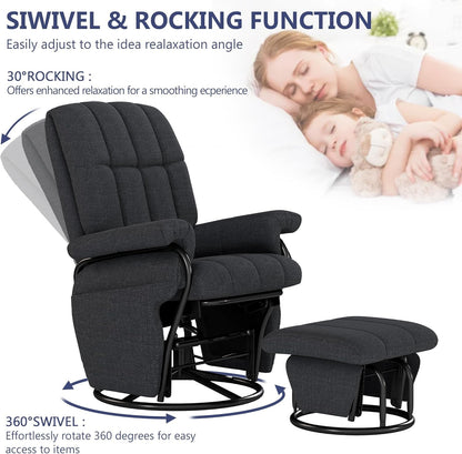 AODAILIHB 360° Swivel Glider Recliner with Ottoman, Nursing Glider Rocking Chair with Foot Rest & 2 Side Pockets for Nursery, Living Room, Bedroom, Office, White