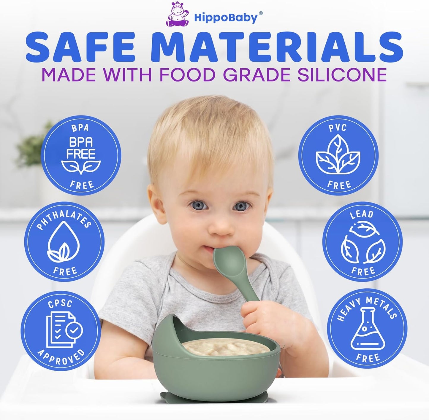 HippoBaby Baby Led Weaning Supplies | 10 Piece Silicone Baby Feeding Set | Baby Toddler Bib Cup Divided Plate and Bowl Self Feeding Spoons Dish Set | Baby Utensils | Toddler Feeding Supplies (Sky)