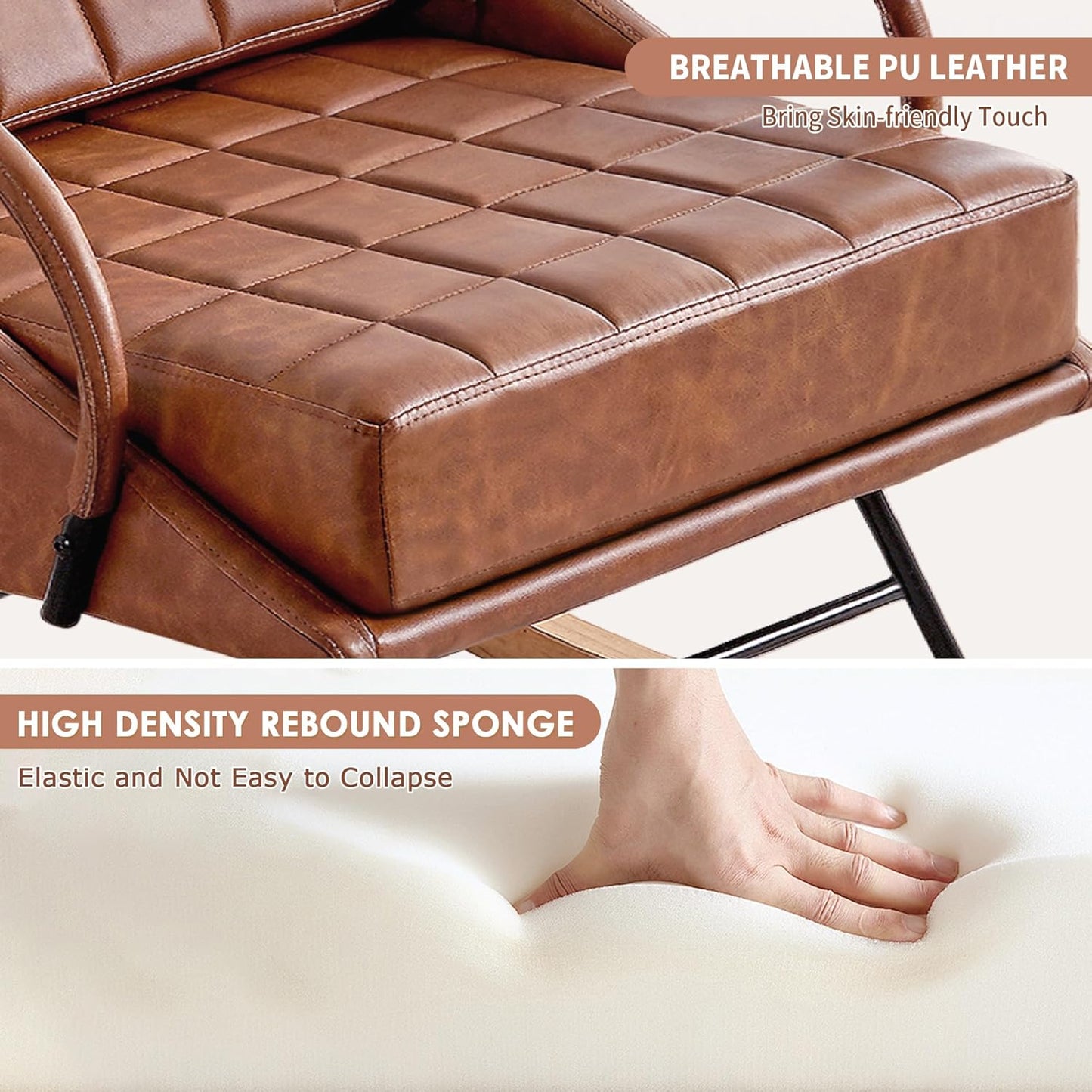 VECELO Rocking Chair Nursery, Oversized Leather Glider Rocker with Padded Cushion, Upholstered Removable High Back, Brown