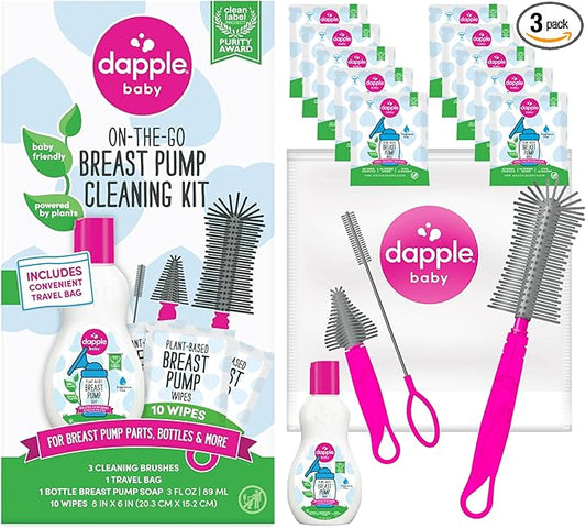 Dapple Breast Pump Cleaning Kit, 3 Baby Bottle Cleaning Brushes, Hypoallergenic & Powered by Plants, Removes Milk Residue, Leaves No Taste, 3oz Soap, 10ct Wipes 3 Cleaning Brushes