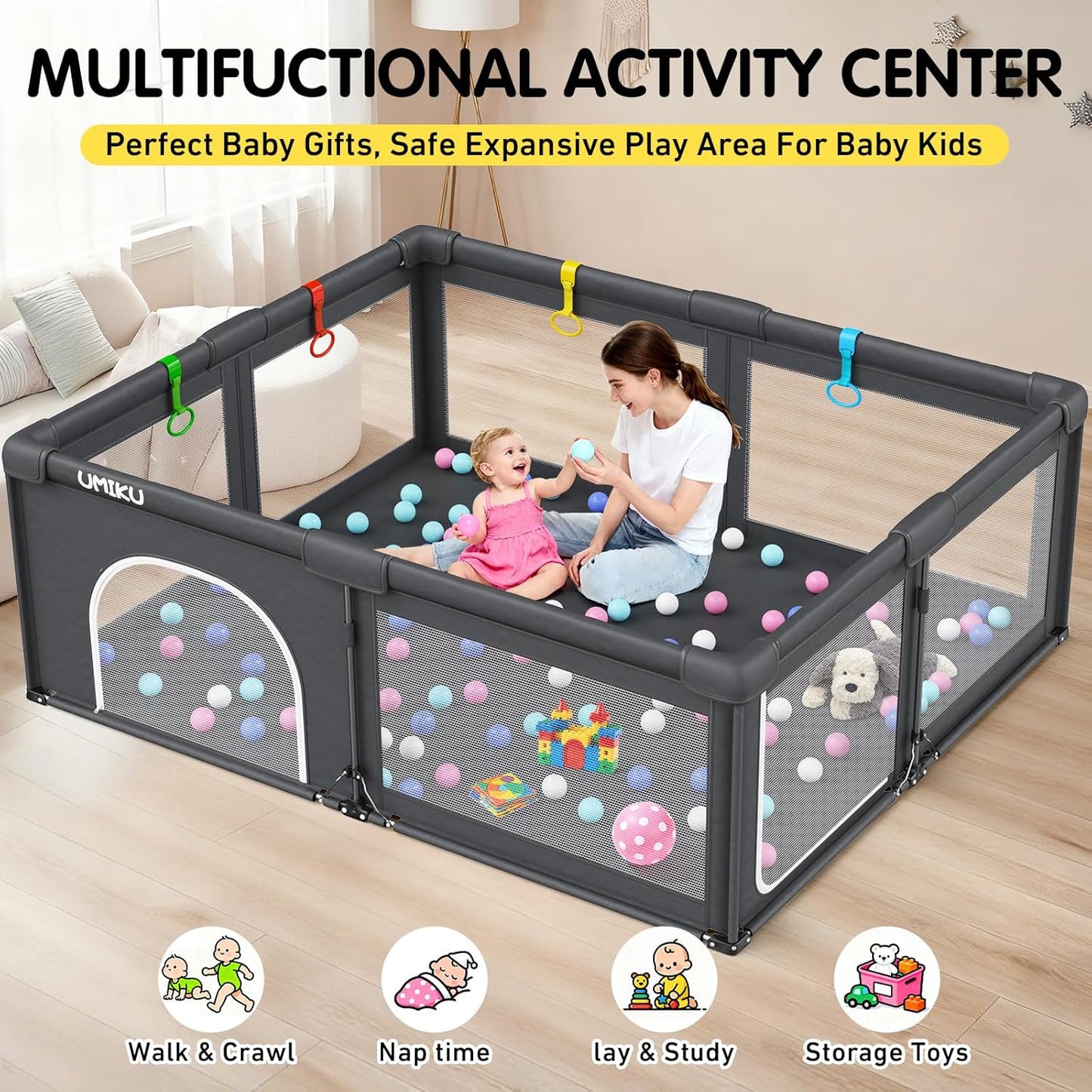 Baby Playpen Foldable Playpen for Babies and Toddlers, Large Playpens Portable Play Pen Play Yard for Kids Fence Indoor Outdoor Travel 4 Handlers 50 Balls Baby Gifts Essentials 50"X50" Dark Grey