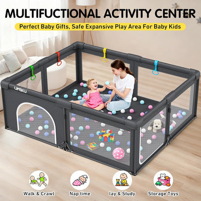 Baby Playpen Foldable Playpen for Babies and Toddlers, Large Playpens Portable Play Pen Play Yard for Kids Fence Indoor Outdoor Travel 4 Handlers 50 Balls Baby Gifts Essentials 50"X50" Dark Grey
