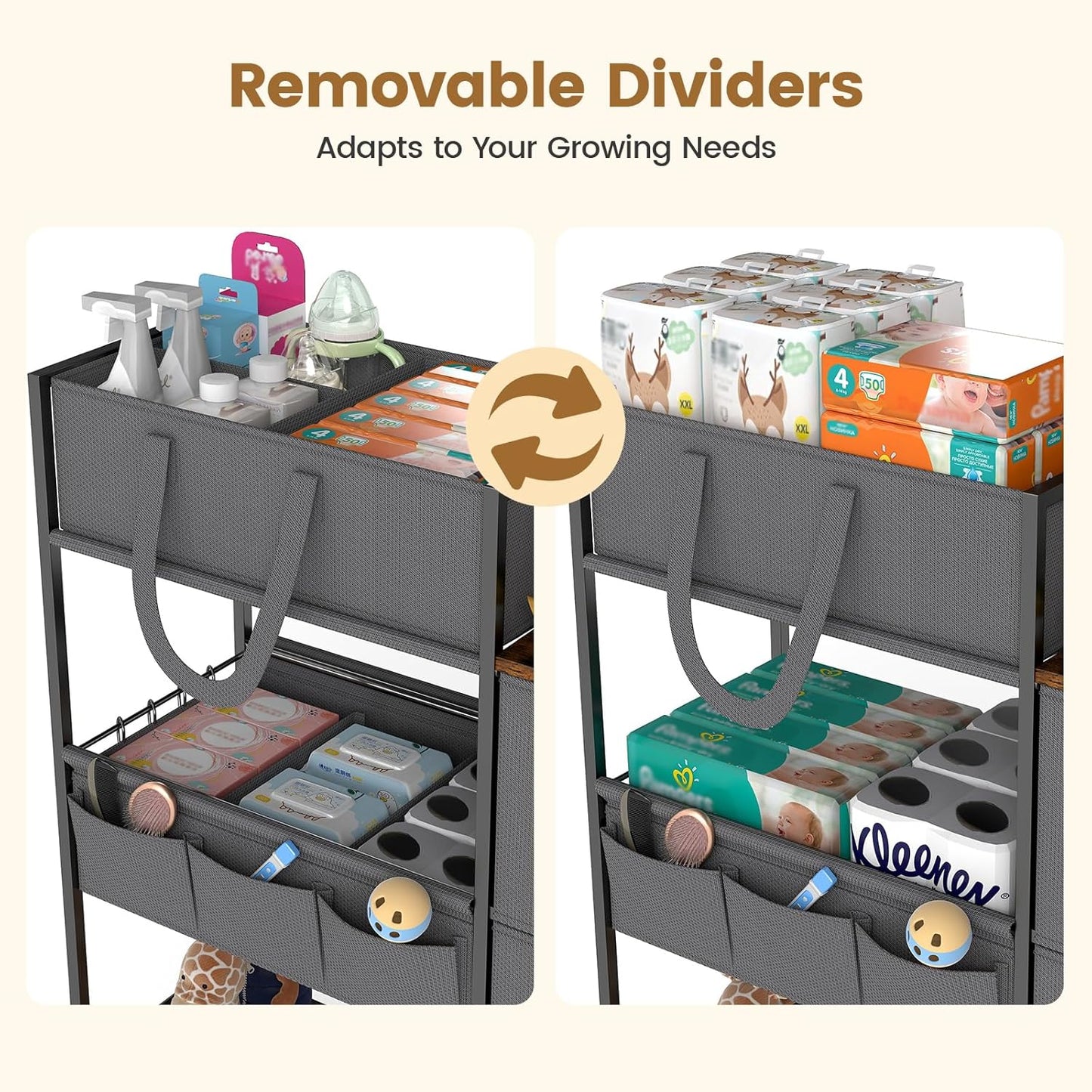 Diaper Caddy Organizer and Storage, 3-Tier Baby Storage Organizers with 2+2 Dividers, Large Capacity Diaper Rolling Cart for Nursery, Diaper Caddy Cart for Crib, Bedroom, Bathroom