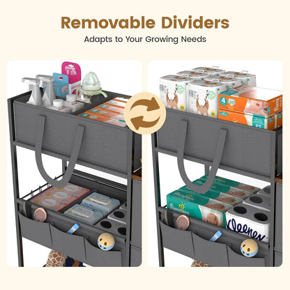 Diaper Caddy Organizer and Storage, 3-Tier Baby Storage Organizers with 2+2 Dividers, Large Capacity Diaper Rolling Cart for Nursery, Diaper Caddy Cart for Crib, Bedroom, Bathroom
