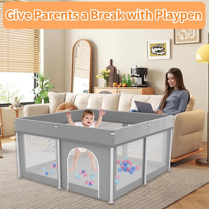 Foldable Large Baby Playpen 71"×71", Portable Playard for Babies & Toddlers, Lightweight Safety Baby Fence, No Installation, Indoor & Outdoor Playpen with 150 Ocean Balls, Beige