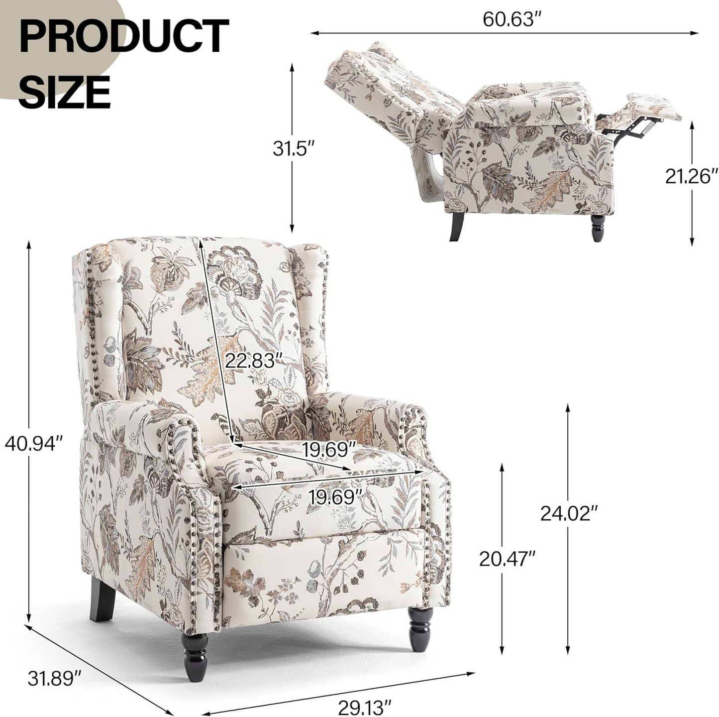 Swivel Rocker Recliner Chair, Manual Nursery Glider Recliner, Floral Fabric Wingback Accent Chair with Adjustable Backrest & Footrest for Small Spaces Living Room Bedroom (Plants Floral, Set of 1)