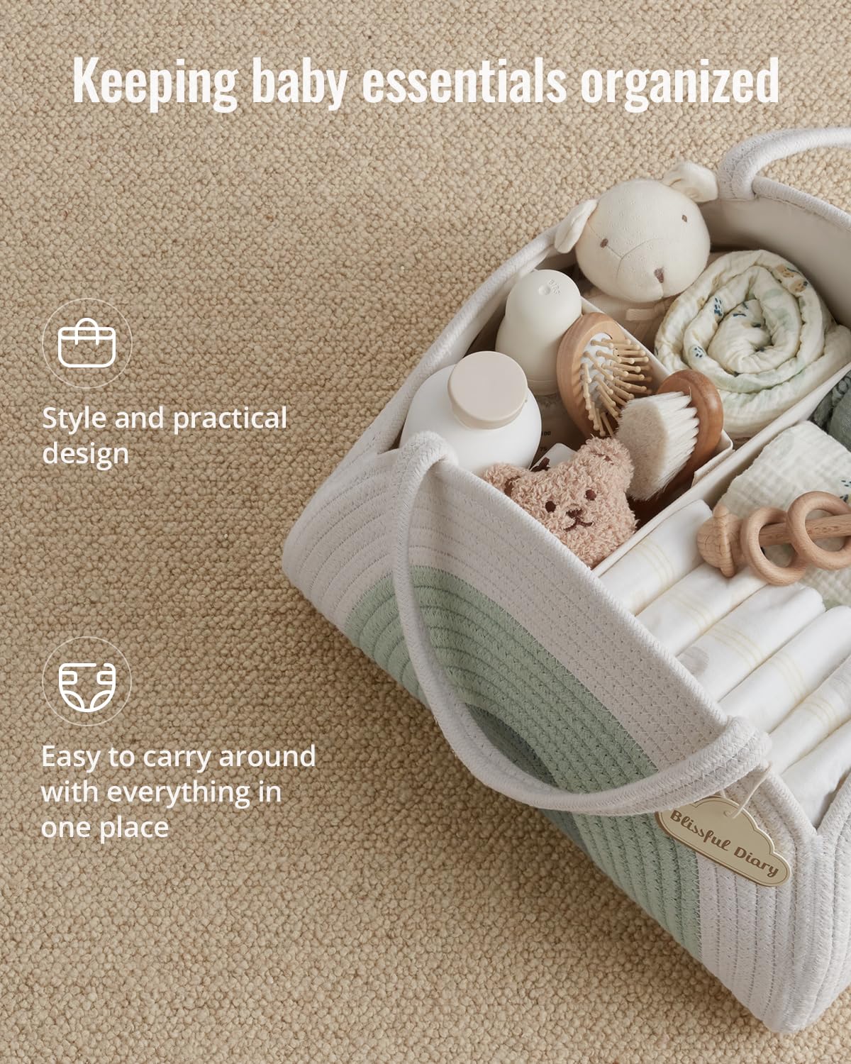 Blissful Diary Baby Diaper Caddy Organizer, Cotton Rope Diaper Caddy Basket, Large Storage Basket for Newborn Boys and Girls, Gift for Baby Shower List, Newborn Essentials, Earthy Rainbow