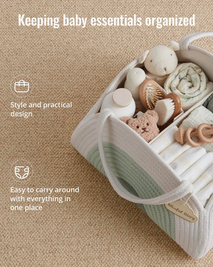 Blissful Diary Baby Diaper Caddy Organizer, Cotton Rope Diaper Caddy Basket, Large Storage Basket for Newborn Boys and Girls, Gift for Baby Shower List, Newborn Essentials, Earthy Rainbow