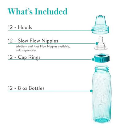 Evenflo Feeding Classic Tinted Plastic Standard Neck Bottles for Baby, Infant and Newborn, Pink/Lavender/Teal, 8 Oz, 12 Bottles