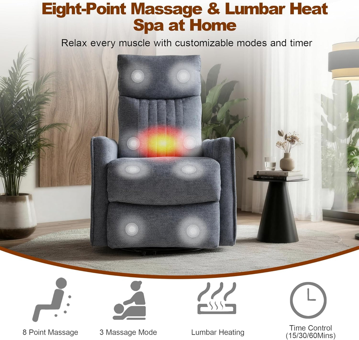 Casaphoria 360° Swivel Rocking Recliner Chair with Heat and Massage Upholstered Fabric Nursery Glider with Side Pocket for Living Room,Bedroom,Home Theater and RV Small Space(Light Gray)