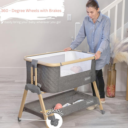 3 In 1 Baby Bassinet with Wheels, Portable Bedside Sleeper for Baby with 7 Adjustable Heights and Foam Mattress, Baby Bedside Crib for Newborns and Infants with Storage Basket, Carry Bag Included