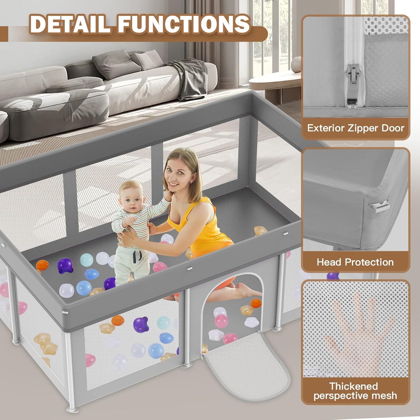 Foldable Baby Playpen 50"×50", Playard for Babies and Toddlers, Portable Safety Baby Fence Lightweight,No Installation, Indoor & Outdoor Playpen with Ocean Balls*50, Grey