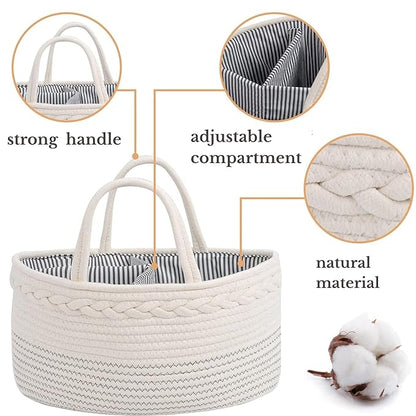 luxury little Diaper Caddy Organizer, Large Cotton Rope Nursery Baby Basket, Changing Table Organizer for Baby Diaper Storage, Portable Car Organizer Removable Divider (Off White, Large)