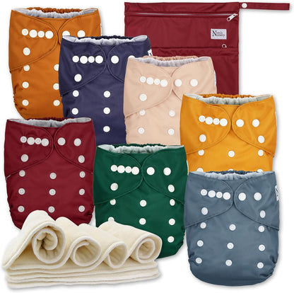 Nora's Nursery AWJ Cloth Diapers 7 Pack with 1 Wet Bag - Waterproof Cover, Washable, Reusable & One Size Adjustable Pocket Diapers for Newborns and Toddlers - Dahlia