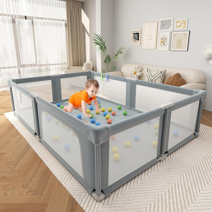 Foldable Playpen for Babies and Toddlers, 51" Portable Play Pen with Mat and Ocean Balls, Play Yard with with Visible Mesh for Inddor and Outdoor, No Assembly Required, Dark Gray