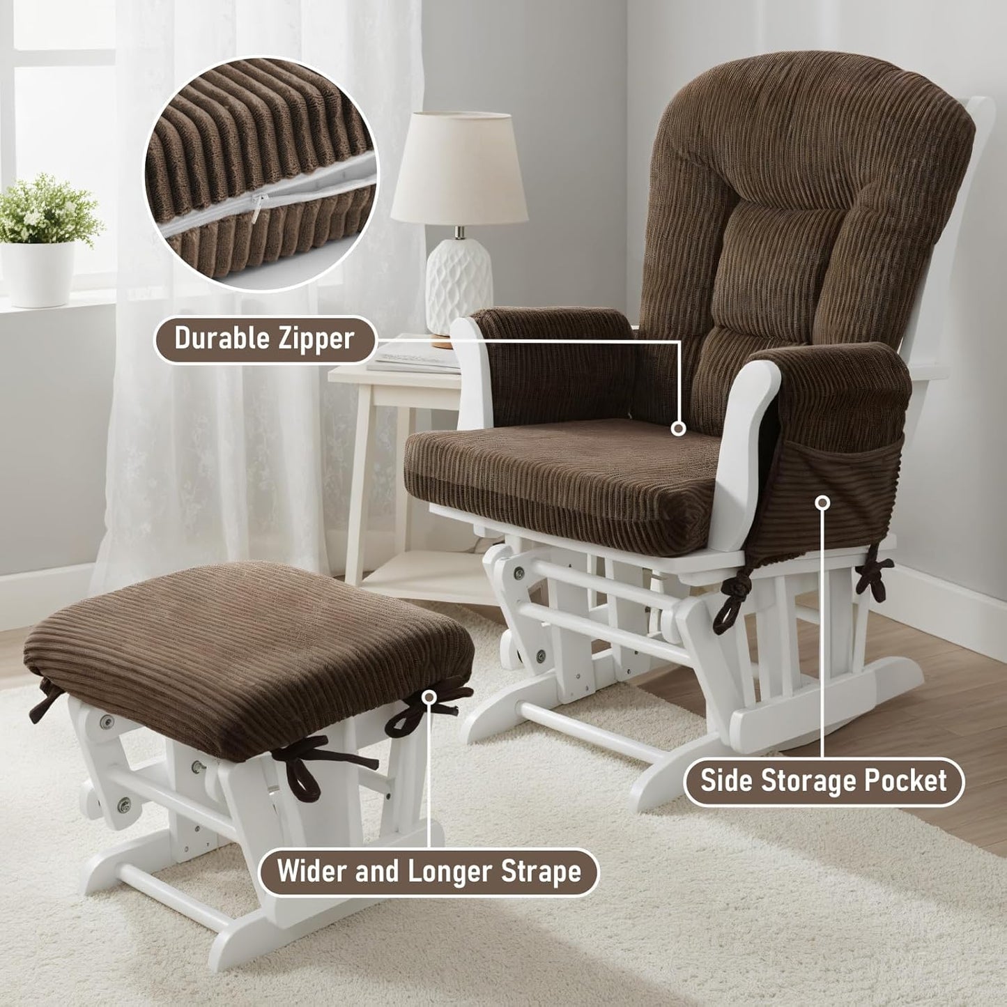 5PCS Glider Rocker Replacement Cushions with Storage Side Pockets, Thickened 3.5IN Seat & Supportive Striped Plush Rocking Chair Cushion Set with Ottoman Cover for Indoor Nursery, Beige