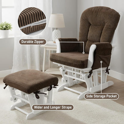 5PCS Glider Rocker Replacement Cushions with Storage Side Pockets, Thickened 3.5IN Seat & Supportive Striped Plush Rocking Chair Cushion Set with Ottoman Cover for Indoor Nursery, Beige