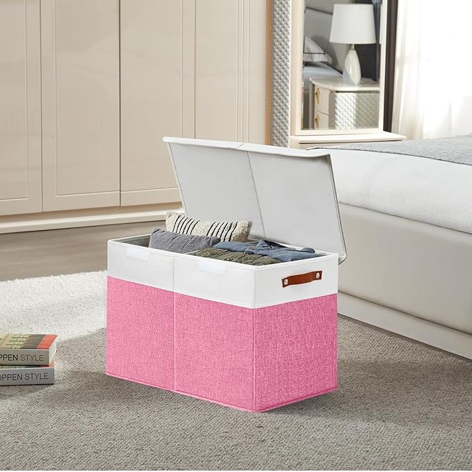 Bagnizer Large Toy Storage Box with Lids, Collapsible Sturdy Baby Storage Organizer Chest Bin Basket for Kids, Boys, Girls, Playroom, Nursery, Bedroom, Closet 25"x13"x16" (Pink and White)