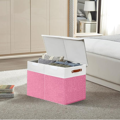Bagnizer Large Toy Storage Box with Lids, Collapsible Sturdy Baby Storage Organizer Chest Bin Basket for Kids, Boys, Girls, Playroom, Nursery, Bedroom, Closet 25"x13"x16" (Pink and White)