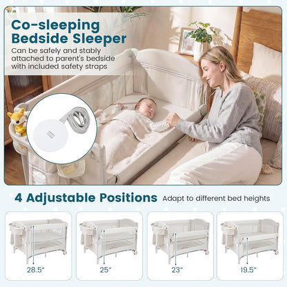 BABY JOY 5-in-1 Pack and Play with Canopy, 4 Level Heights Baby Bedside Sleeper w/Bassinet, U-Shaped Changing Table, Safety Strap, Side Zipper, Portable Bedside Crib Playard from Newborn to Toddlers