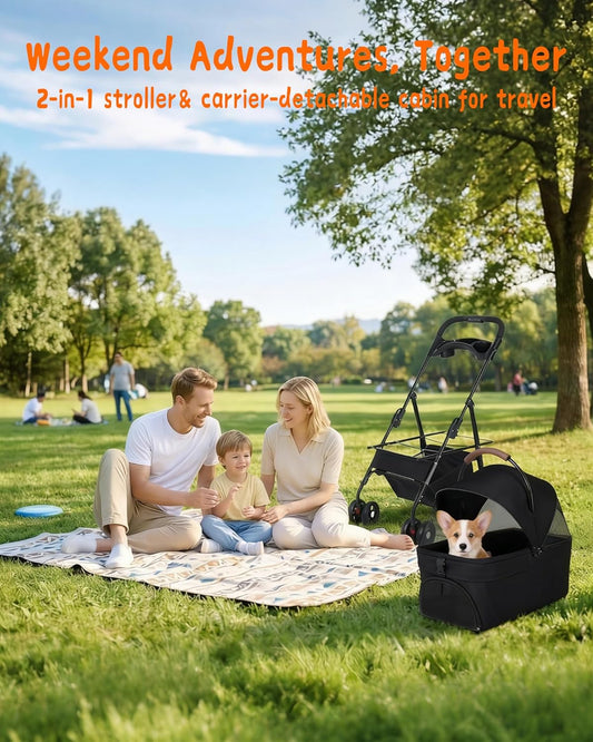Pet Stroller with Removable Carrier, 35lbs Capacity - One-Click Foldable Dog Stroller, Cat Carrier & All-Terrain Wheels, Compact Travel Pet Stroller for Small to Medium Pets-Gray