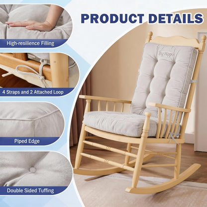 Big Hippo Rocking Chair Cushions Set with Ties, Tufted Thick Back and Seat Pads for Wooden Glider & Nursery, Velour Lumbar Support to Relieve Tailbone Pain for Indoor Office (Grey)