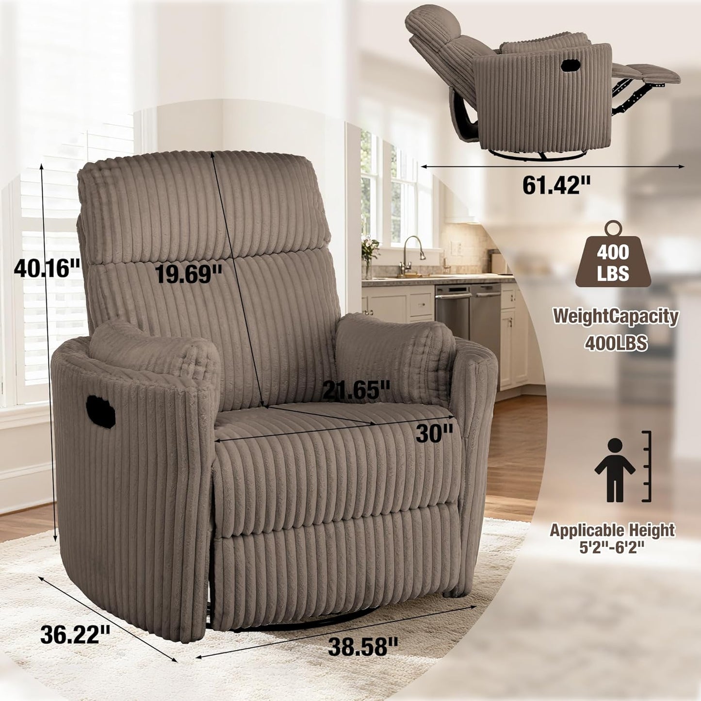Oversized Swivel Rocking Chair, Manual Large Rocker Recliner Chairs for Adults, Corduroy Nursery Glider Barrel Chair with 2 Pillows, Wide Recliner for Living Room, Bedroom, Nursery, White