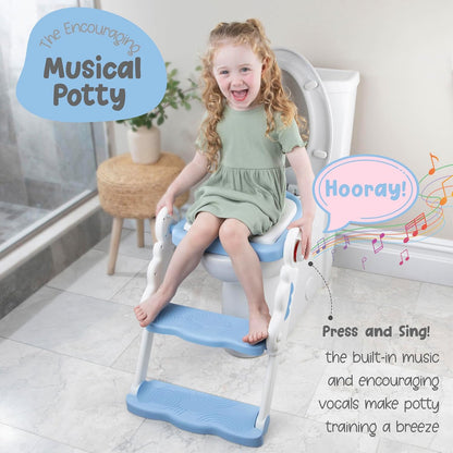 bebeleh Musical & Sound Toddler Potty Training Seat w/Step Stool Ladder - Collapsible & Adjustable Toilet, Pre Assembled Toddler Toilet Seat w/Music & Sounds - Splash Guard & Anti-Slip Steps - Gray