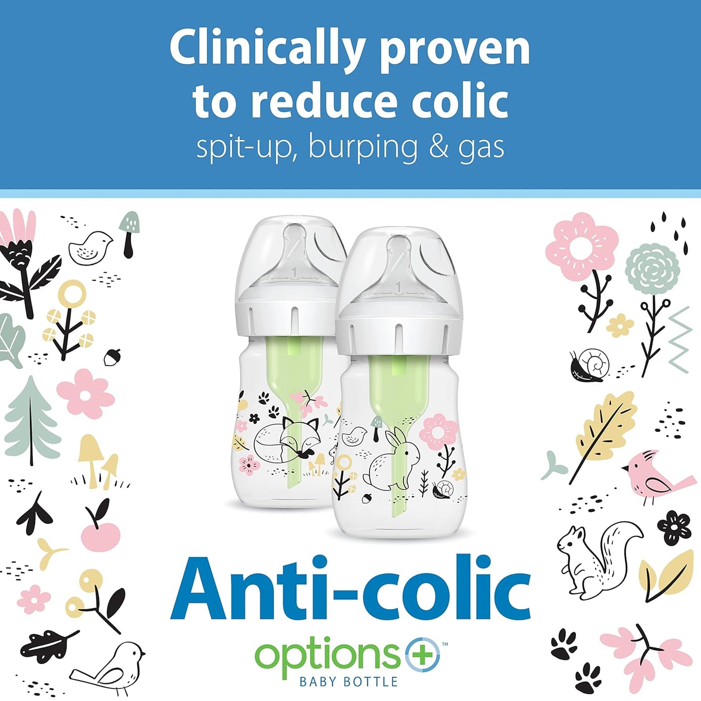 Dr. Brown's Anti-Colic Options + Wide-Neck Baby Bottle Designer Edition Dino Decos, 9oz/270mL, Level 1 Slow Flow Nipple, BPA-Free, 0m+, 2-Pack