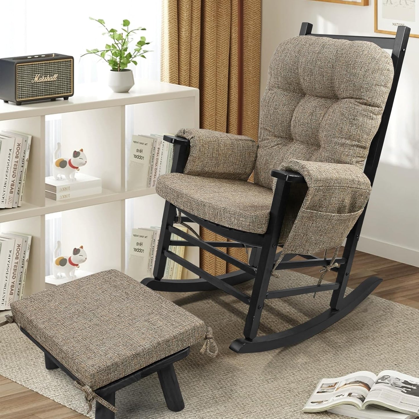 SINOSSO Glider Rocker Cushion Set (5 Pcs), Soft Blended Fabric High-Density Support Foam Seat Cushions with Ties, Fits Rocking Chair/Nursery Glider & Ottoman, Black-Gray
