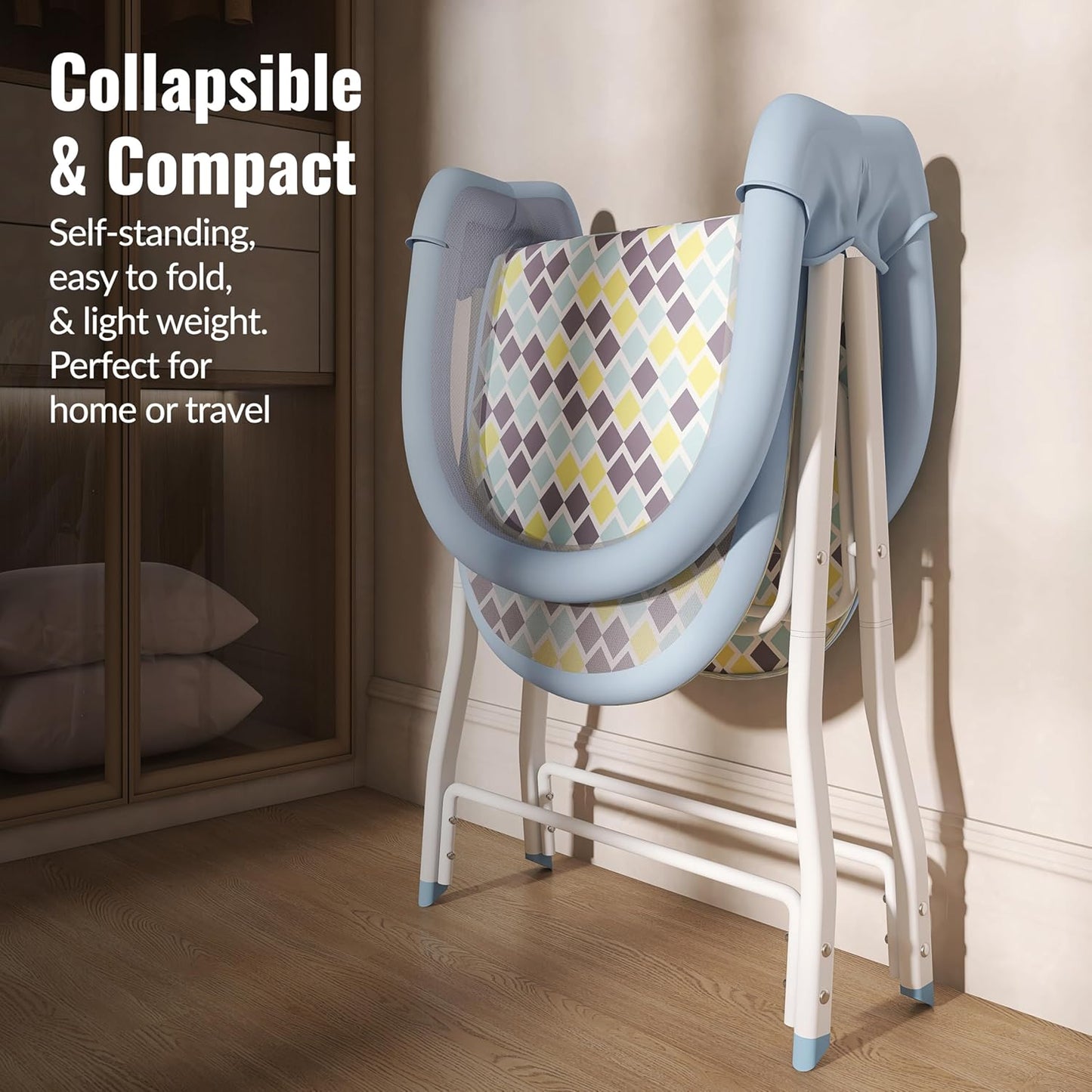 Dream On Me Poppy Traveler Portable Baby Bassinet, Breathable Mesh Airflow Panels, Compact and Lightweight, Quick Fold Travel Friendly Design, Anti-Slip Legs, Travel Bag and Mattress Included- Blue