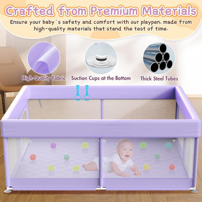 Baby Playpen with Mat - 79"x71" Extra Large Play Pens for Babies and Toddlers Indoor Safety Baby Fence with Soft Breathable Mesh - All-Wrapped Sponge Sturdy Play Yard with Handle & Bag Purple