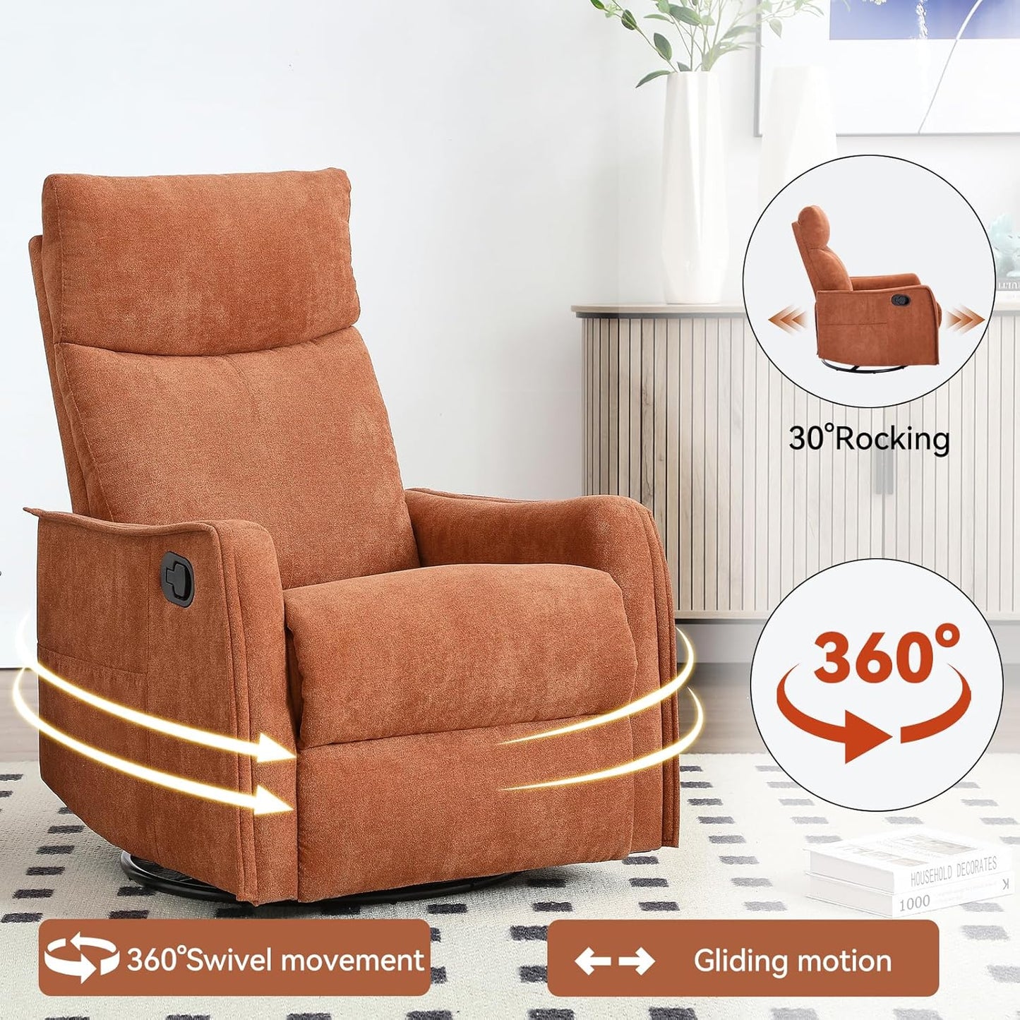 Swivel Rocker Recliner Chair for Adults, Nursery Rocking Chair with Heat and Massage, Glider Reclining Chair for Small Space Living Room Bedroom, Faux Leather Black