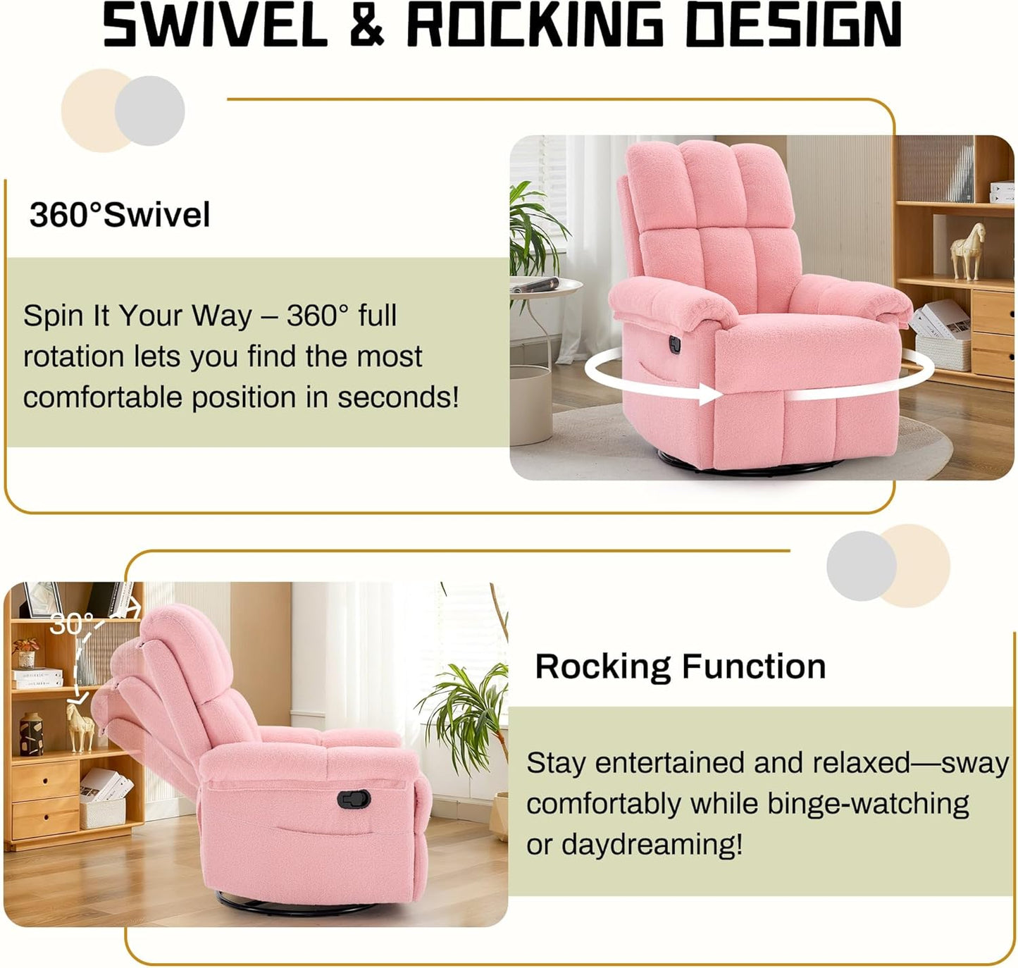 Korser Recliner Chair, Swivel Rocker Recliner Chair for Adults, Small Recliners for Small Spaces, Upholstered Manual Recliner with Side Pockets, Nursery Rocking Chair for Living Room, Chenille, Beige