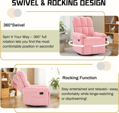 Korser Recliner Chair, Swivel Rocker Recliner Chair for Adults, Small Recliners for Small Spaces, Upholstered Manual Recliner with Side Pockets, Nursery Rocking Chair for Living Room, Chenille, Beige