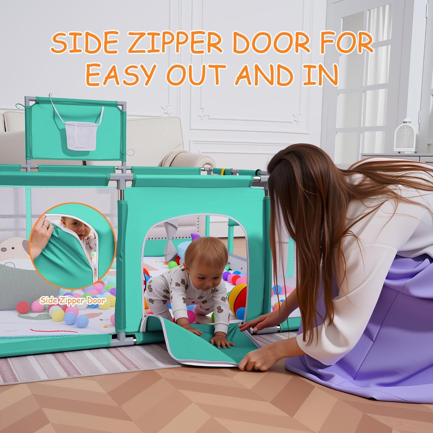 Baby playpen, 79"x71"Baby Playpen with Mat Indoor＆Outdoor Playpen for Babies and Toddlers with Breathable Play Pen with Ocean Balls Hanging Pocket Basketball Hoop (Gray)