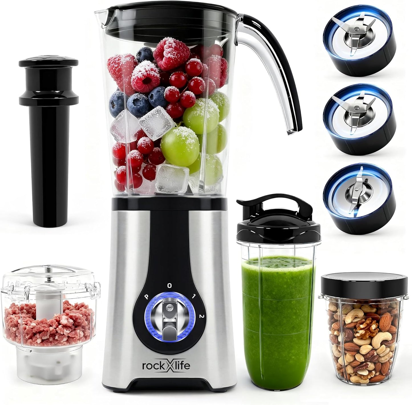 Blenders and Food Processor Combo, 13Pcs 4 in 1 Blender for Shakes and Smoothies,17oz Meat Grinder baby food&10oz Spice Grinder 42oz Family&24oz to-go Cups,Dishwasher Safe,Silver
