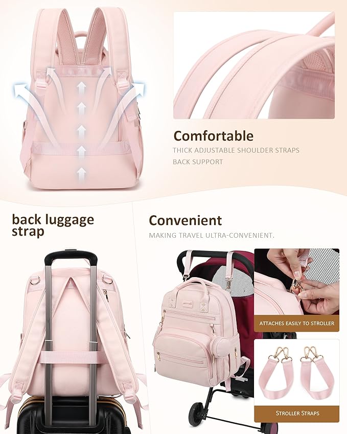 ROSEGIN Premium Vegan Leather Diaper Bag Backpack with Waterproof Changing Pad, Reinforced Zippers & Odor-Free, 20 Pockets Pro Organizer, Fits 15.6" Laptop, Stroller Straps, Baby Bag for Mom, Pink