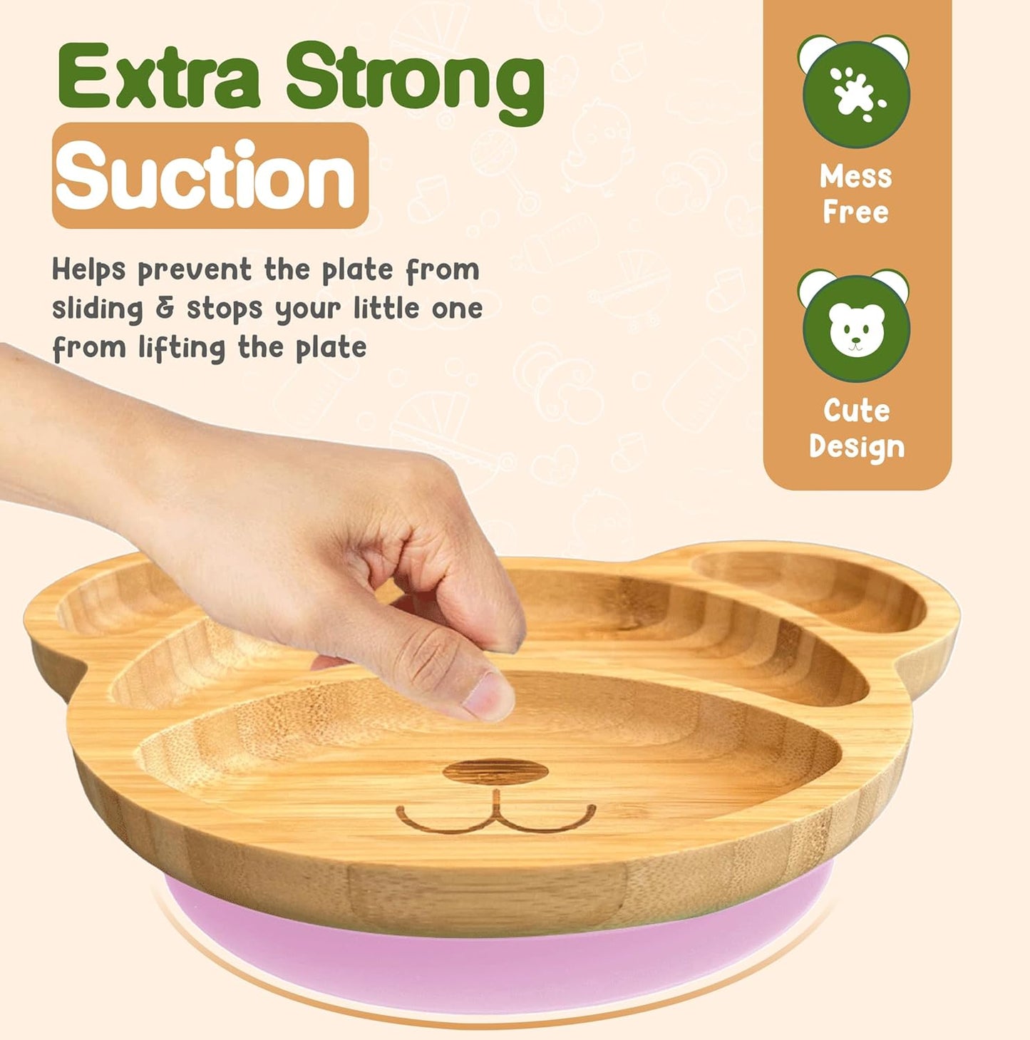 Bamboo Plates for Kids - Baby & Toddler Plates with Suction for Feeding & Weaning, Eco-Friendly Bear Design Promotes Self-Feeding, Ideal for Busy Moms & Dads, Sturdy & BPA-Free (Pink)