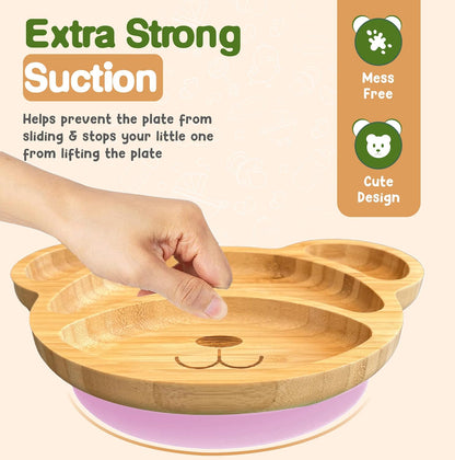 Bamboo Plates for Kids - Baby & Toddler Plates with Suction for Feeding & Weaning, Eco-Friendly Bear Design Promotes Self-Feeding, Ideal for Busy Moms & Dads, Sturdy & BPA-Free (Pink)