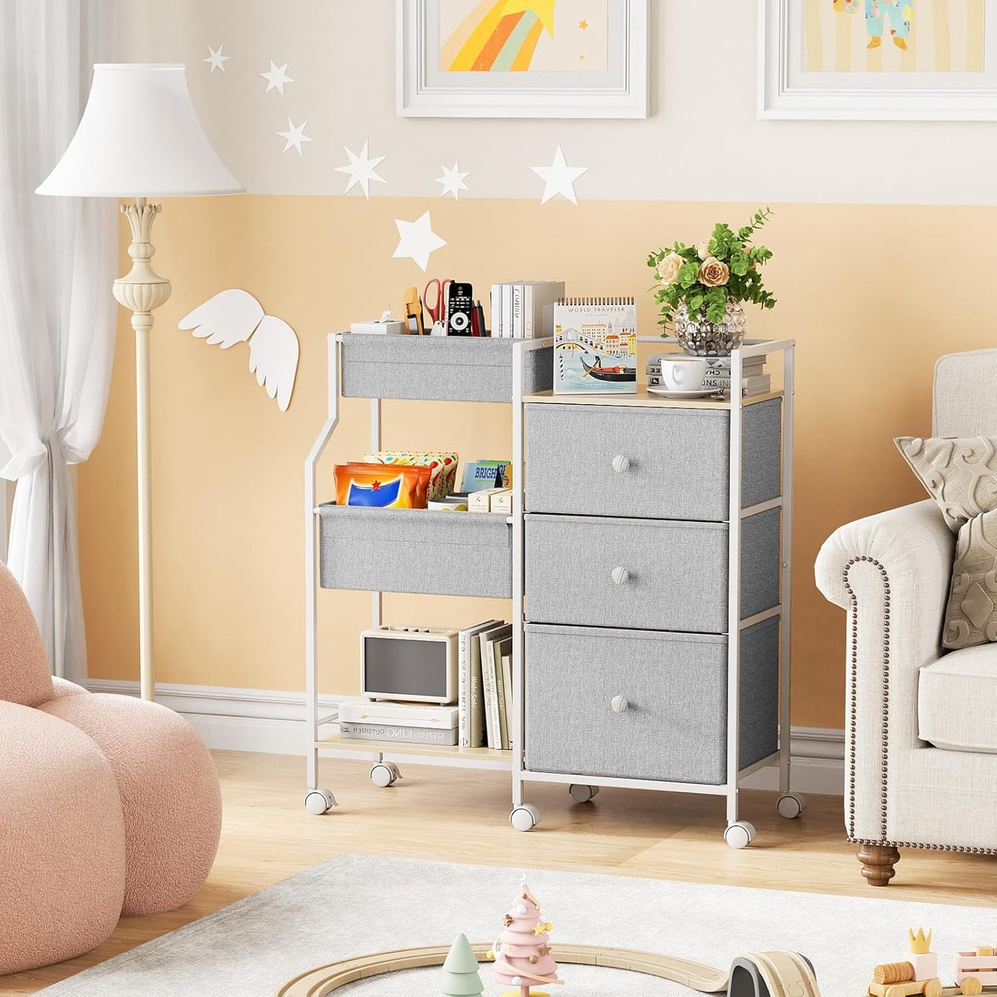 Modanais Baby Diaper Caddy Organizer Cart - 3 Tier Rolling Cart with Dividers and Drawers, Easy To Assemble, Mobile Utility Cart with Wheels for Nursery, Bedroom, Changing Table & Crib